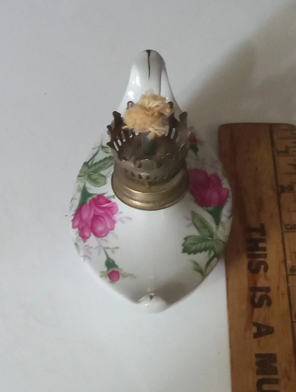 Vintage Oil Lamp BASE ONLY White Porcelain Pink Roses Hong Kong Cottage Core